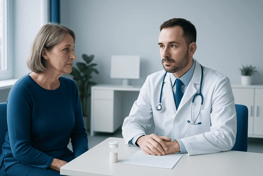 Doctor consulting with a female patient in a modern clinic setting.