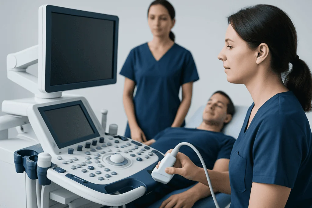 Medical professionals perform an ultrasound examination on a patient in a hospital.