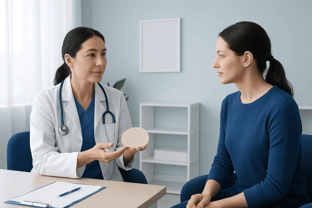Doctor explaining breast implant options to a patient in a clinic setting.