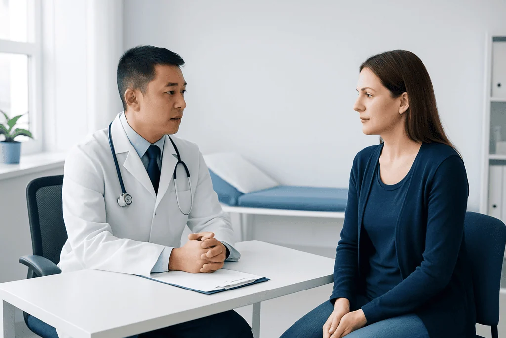 Doctor consulting with a female patient in a medical office.