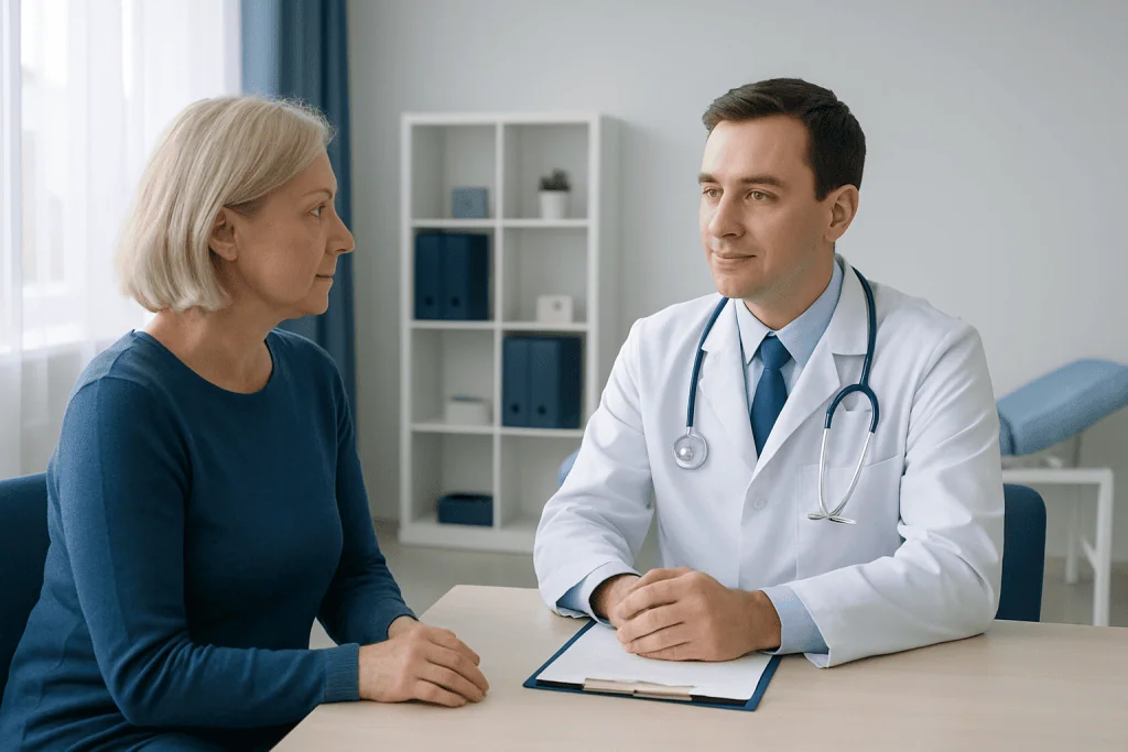 Doctor consulting with an elderly female patient in a medical office.