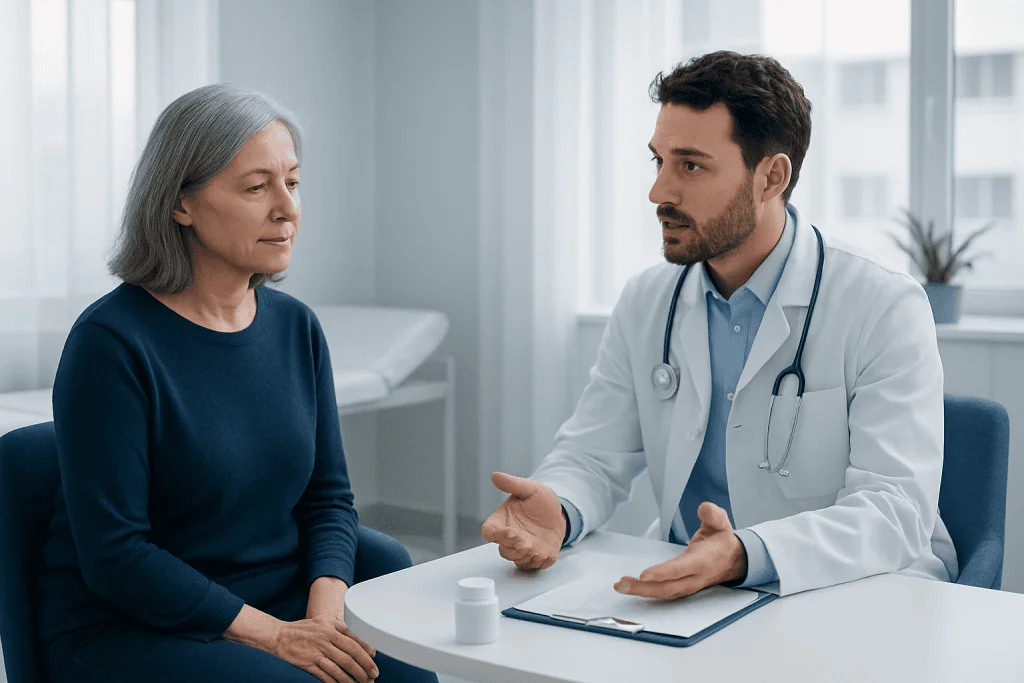Doctor consulting with an elderly woman in a medical office setting.