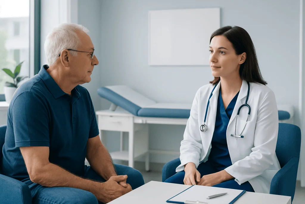 Doctor consulting with an elderly male patient in a medical office.
