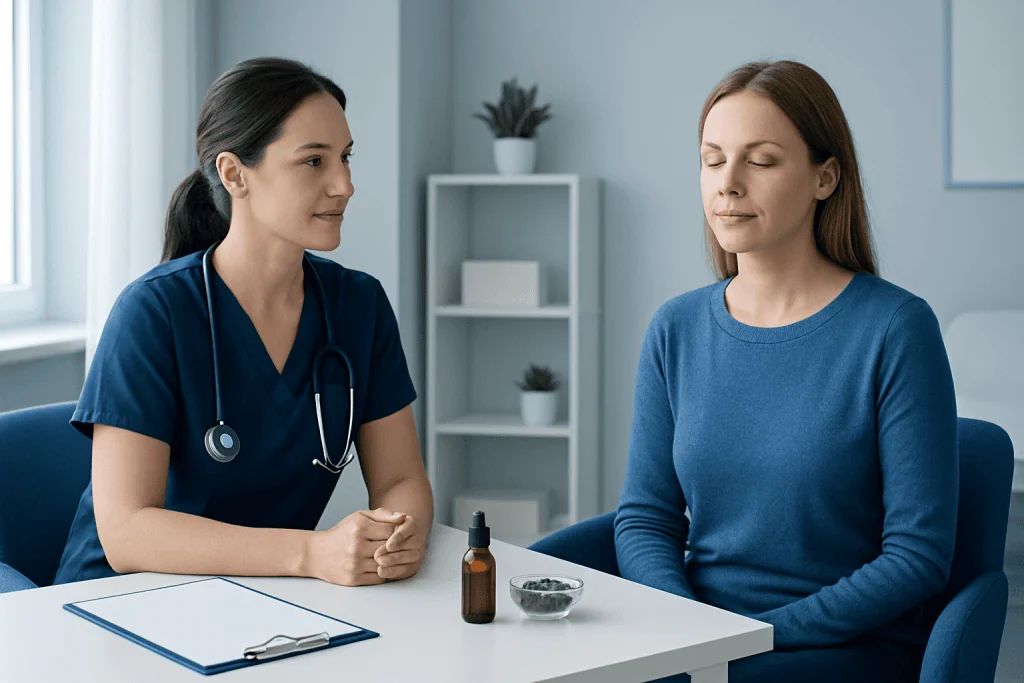 Doctor consulting with patient in a medical office setting.