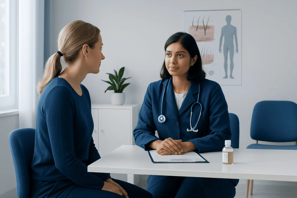 Doctor consulting a patient in a medical office with anatomy charts on the wall.