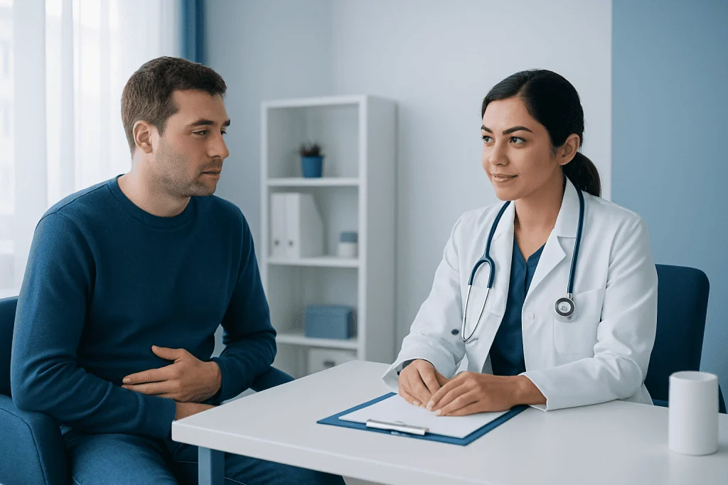 Doctor consulting with a male patient in a medical office setting.