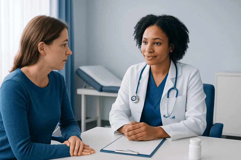 Doctor consulting a patient in a medical office setting.