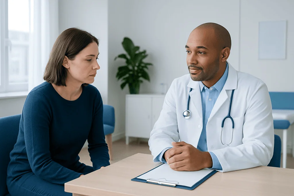 Doctor consulting with a female patient in a medical office setting.
