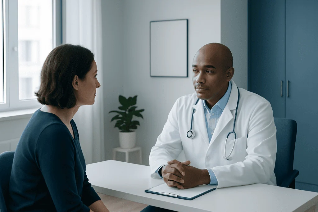 Doctor consulting with a patient in a modern medical office.
