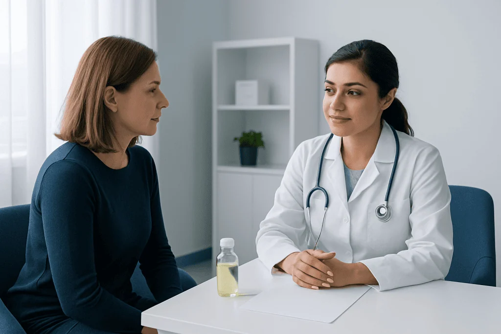 Doctor consulting with a female patient in a modern medical office.