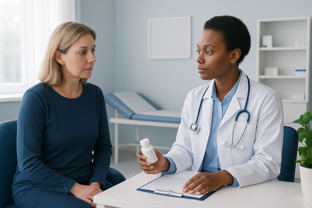 Doctor explaining medication to patient in a clinical setting.