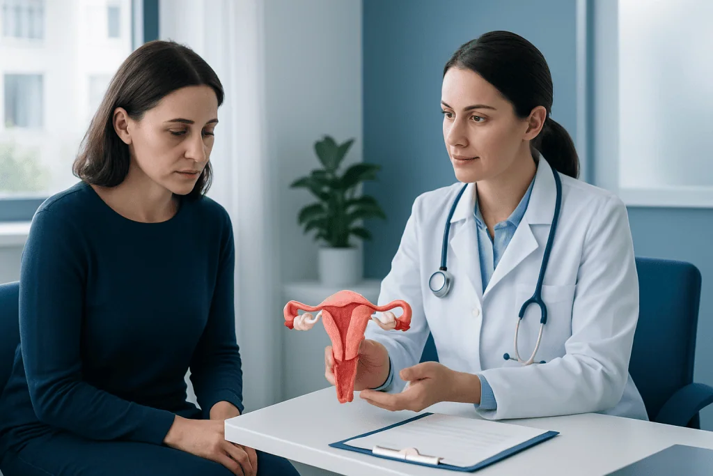 Gynecologist explaining uterine health with model to patient in clinic.