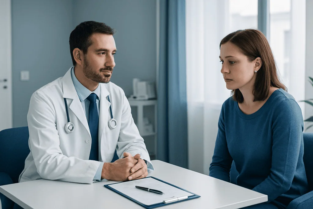 Doctor consulting with a young woman in a medical office setting.