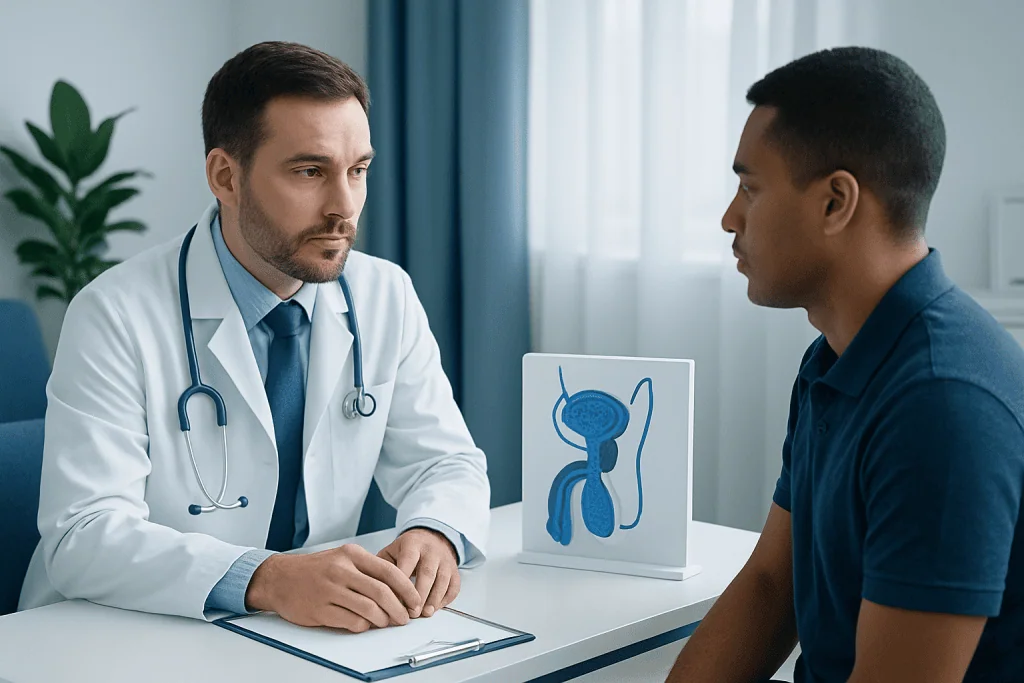 Urologist consulting with patient about male reproductive health.