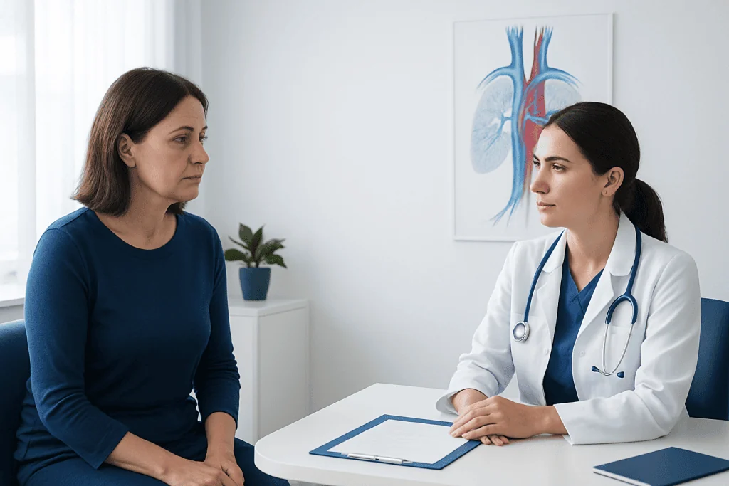 Doctor consulting with a patient in a medical office with vascular diagram on the wall.