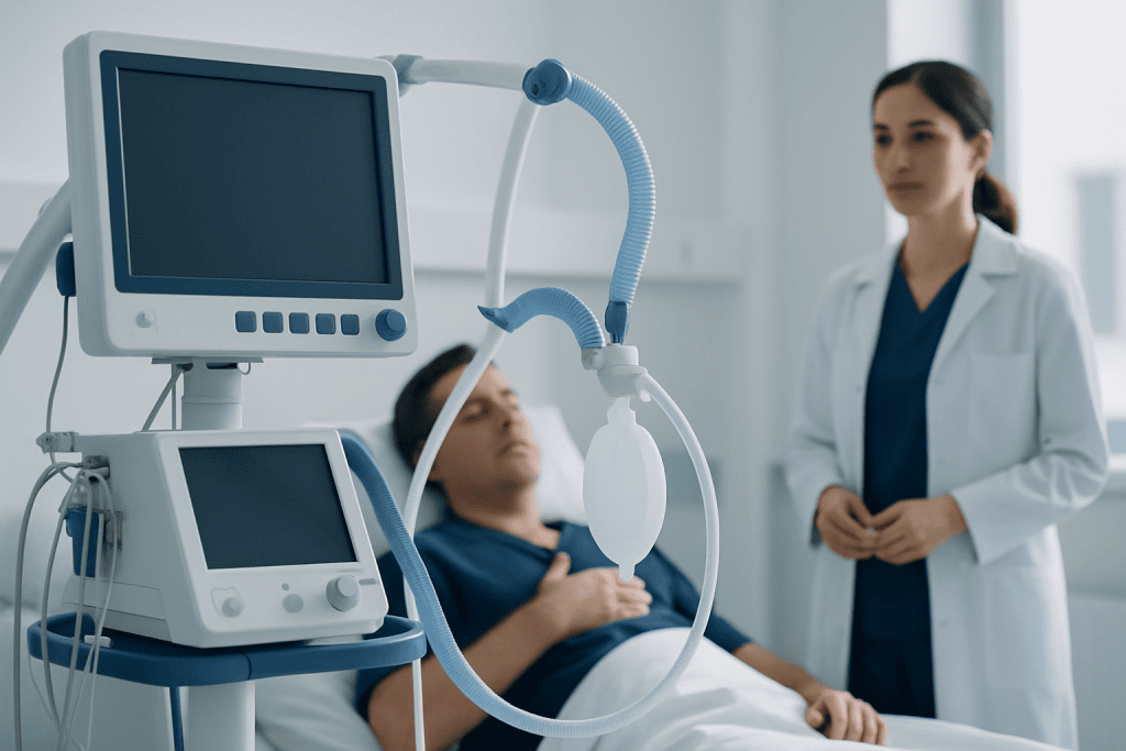 Patient on ventilator in hospital ICU with medical staff nearby.