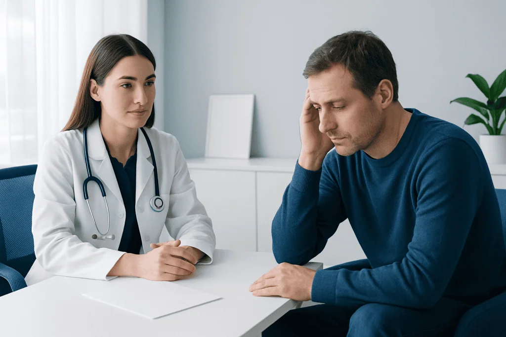 Doctor consulting with a patient about medication side effects.