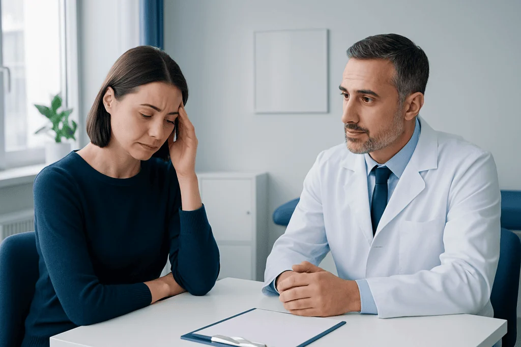 Doctor consulting with a woman patient in a medical office setting.