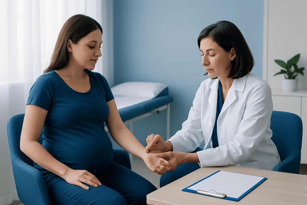Pregnant woman consulting with doctor in a medical office.