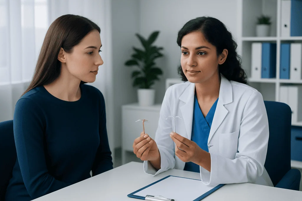 Doctor explaining IUD options to a patient in a medical consultation.