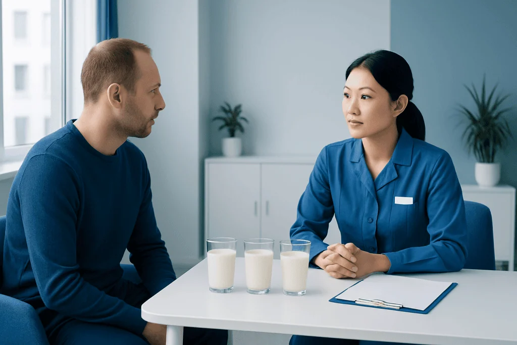 Doctor consulting with patient about milk health benefits in a clinical setting.