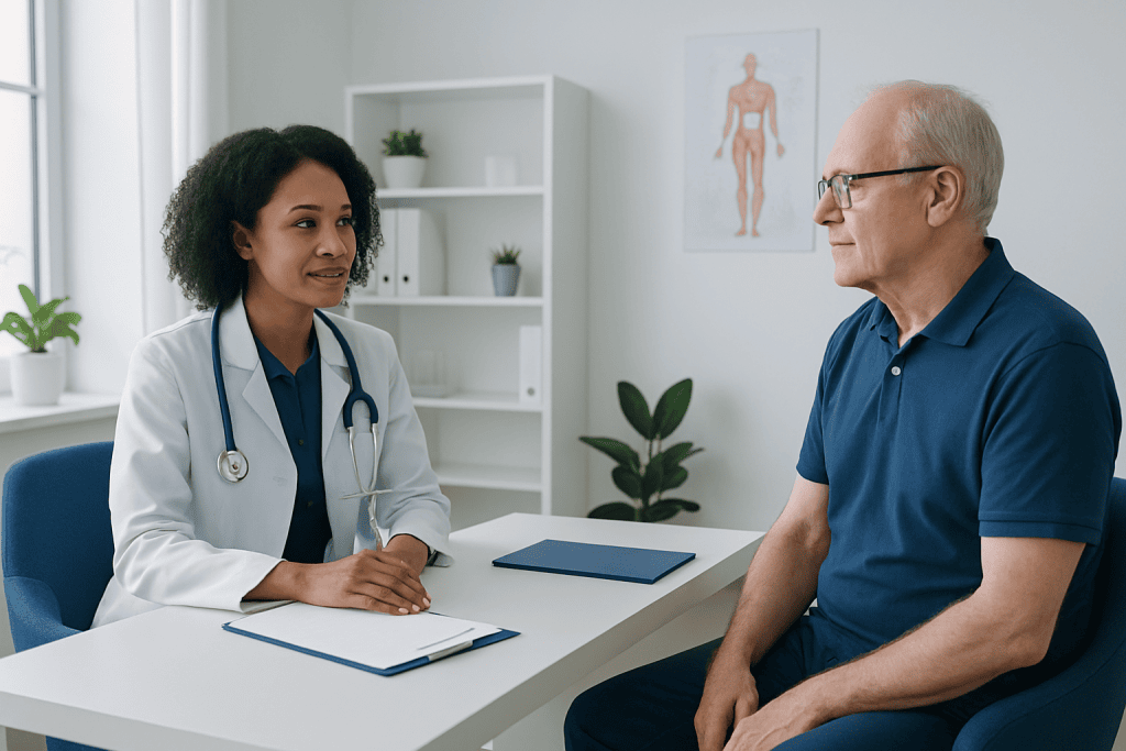 Doctor consulting with an elderly male patient in a modern clinic setting.