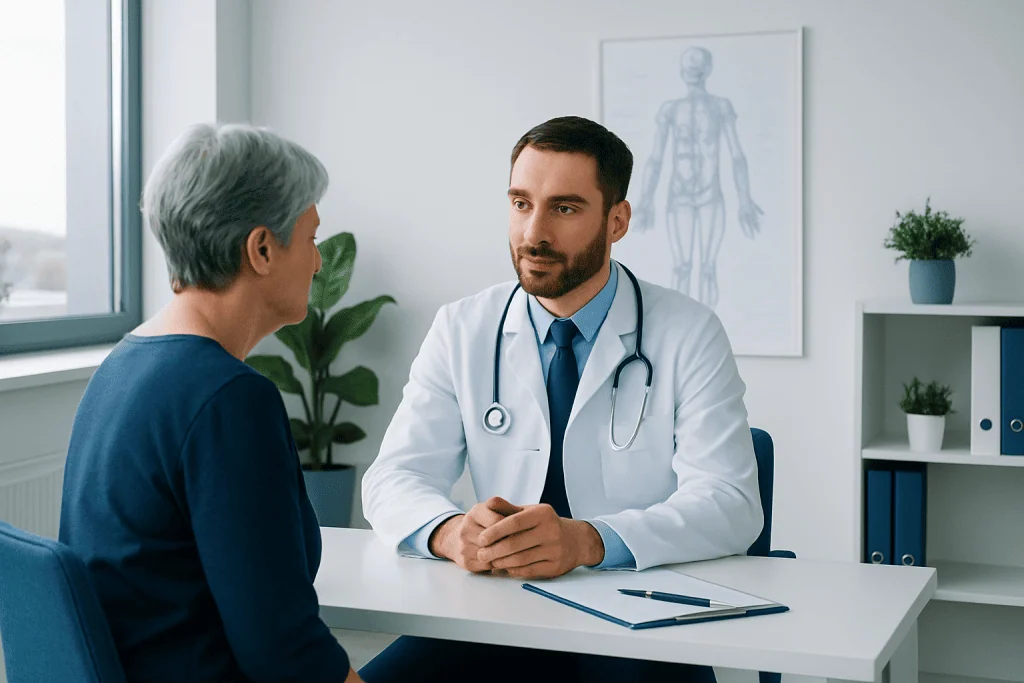 Physiatrist consulting with an elderly patient in a medical office.