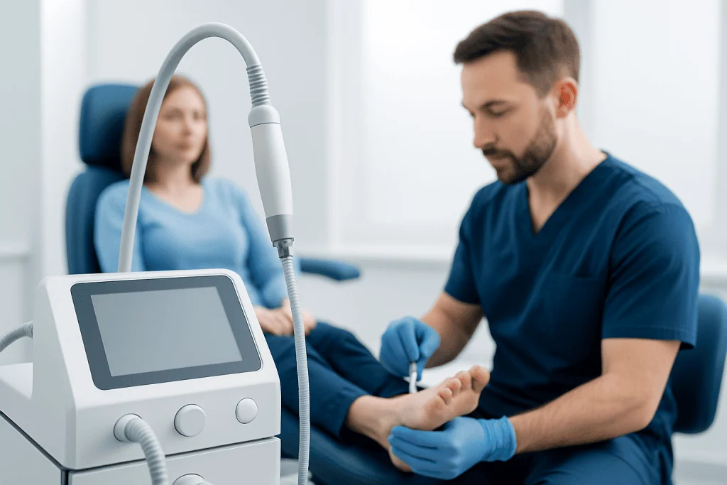 Podiatrist performing a foot examination on a patient in a clinical setting.