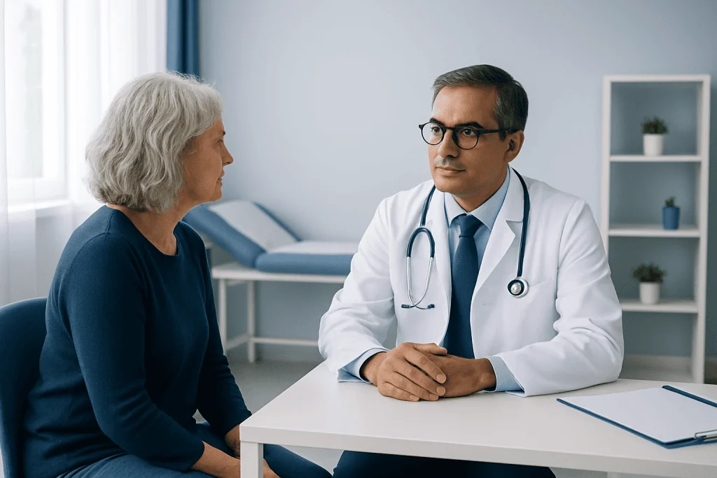 Doctor consulting with an elderly female patient in a medical office.