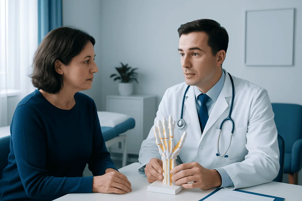 Doctor explaining nerve anatomy to patient in consultation room.