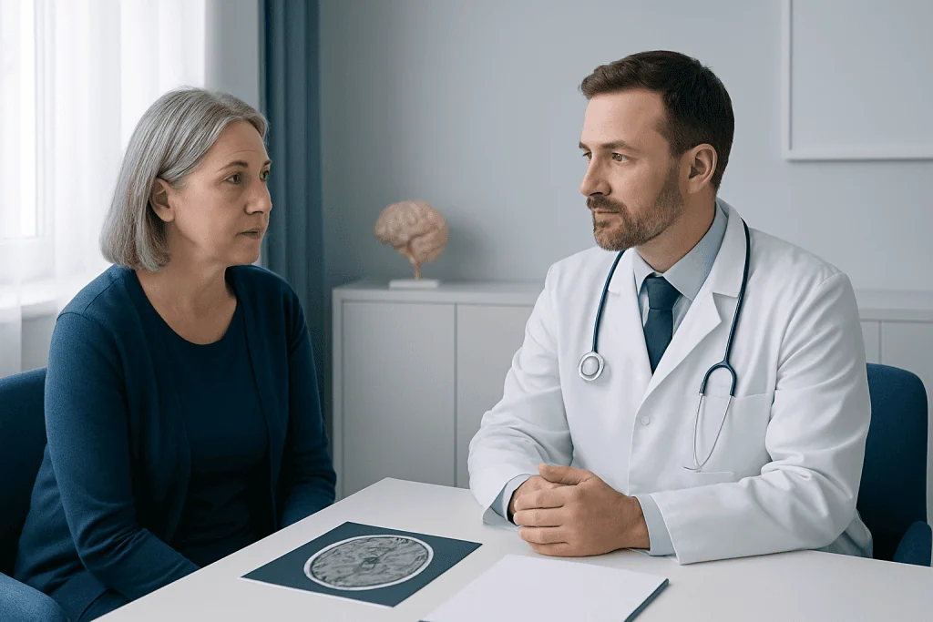 Doctor consulting with an older female patient about brain scan results.