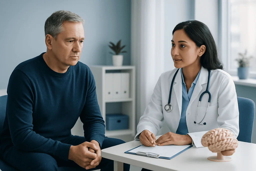 Doctor consulting with a patient about neurological health in a modern clinic.