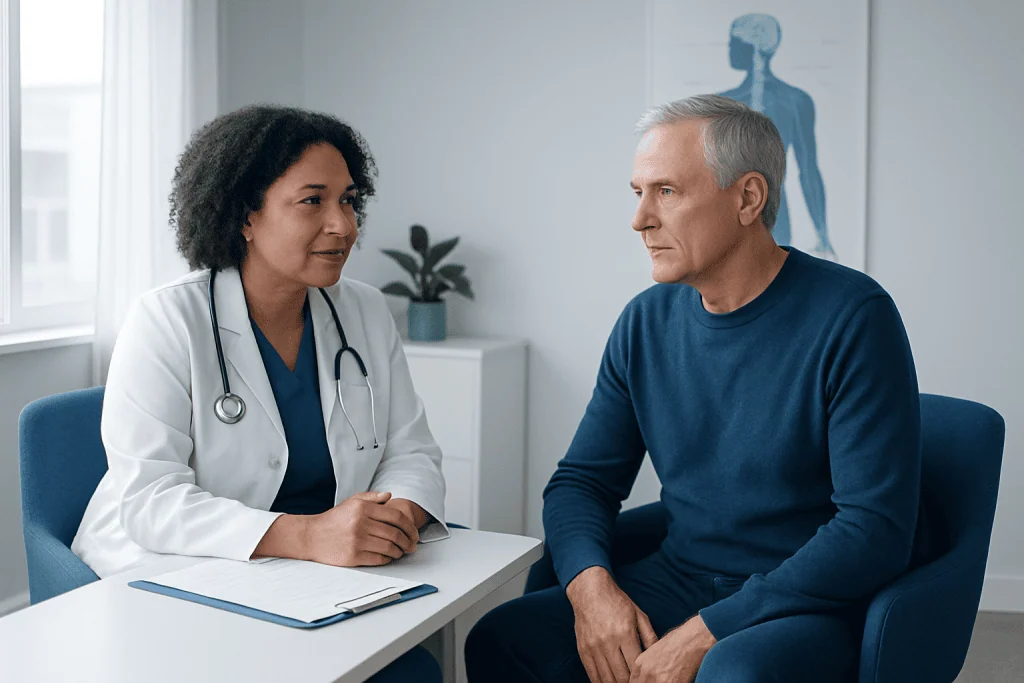 Doctor consulting with a patient in a medical office setting.