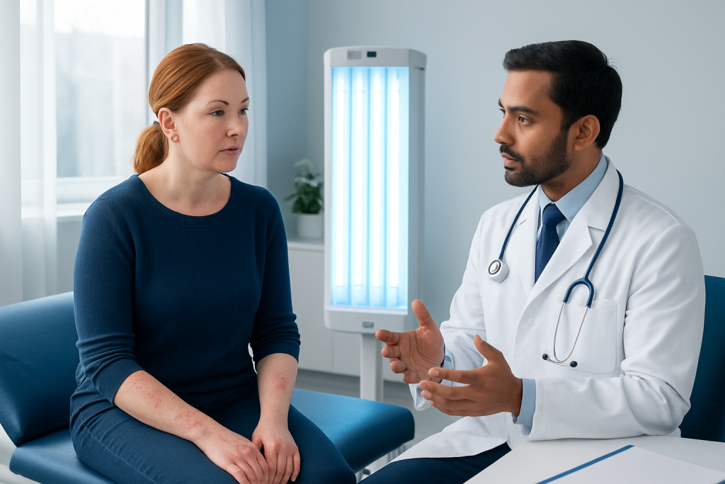 Doctor explaining phototherapy treatment to a patient in a hospital room.