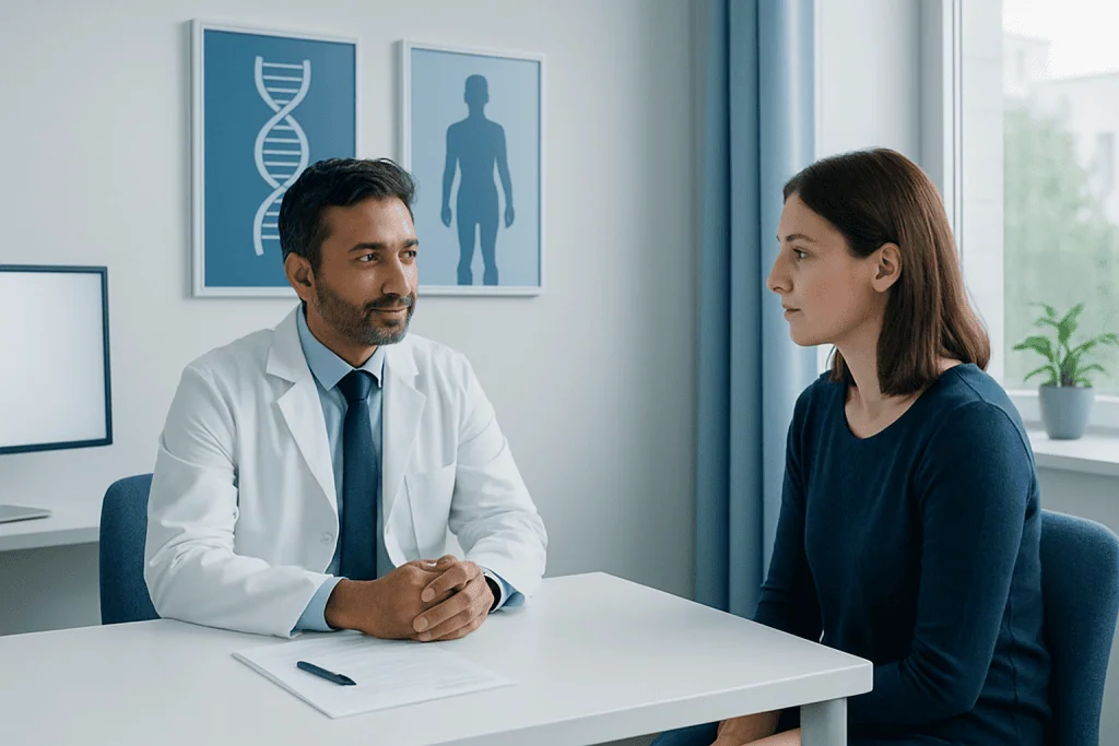 Doctor consulting with a patient in a medical office with DNA and human body diagrams on the wall.