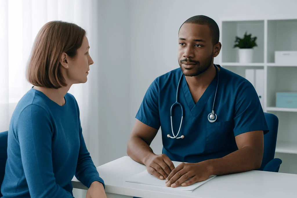 Doctor consulting with a patient in a medical office setting.