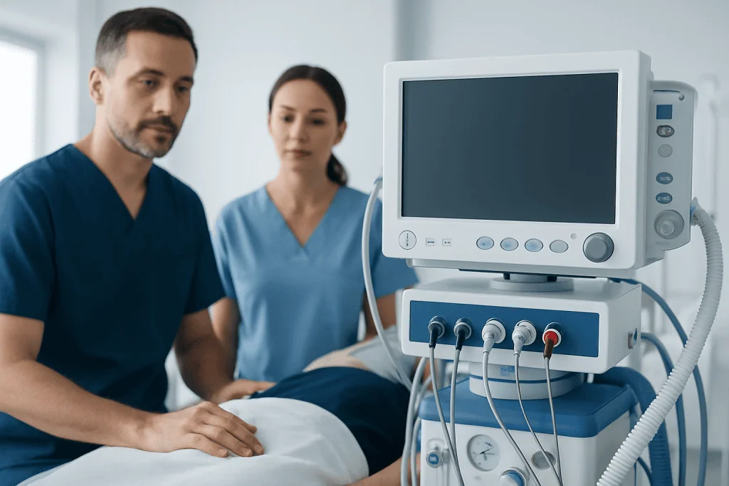 Medical professionals monitoring patient with hospital equipment in a clinical setting.