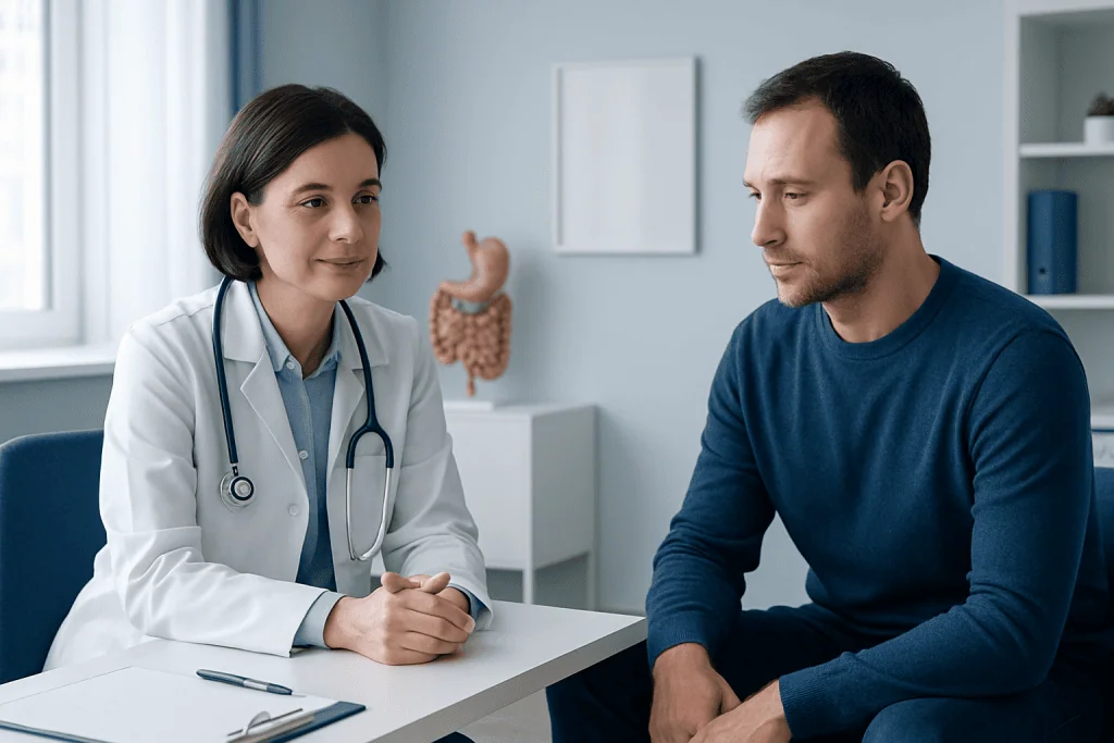 Doctor consulting with patient in a medical office setting.
