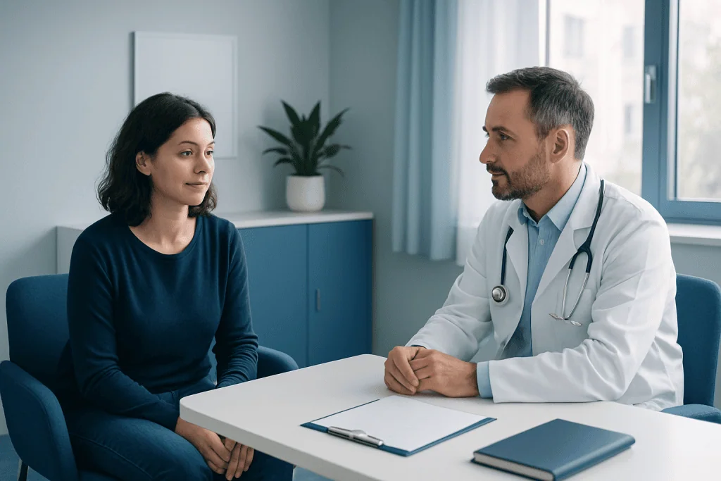 Doctor consulting with a female patient in a modern clinic room.