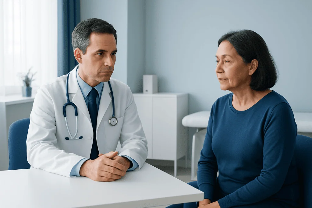 Doctor consulting with a female patient in a medical office.