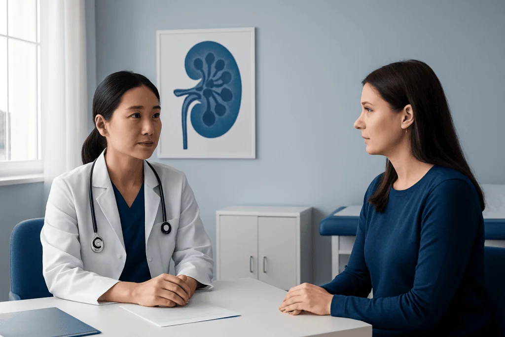 Doctor consulting patient in a medical office with kidney diagram on the wall.