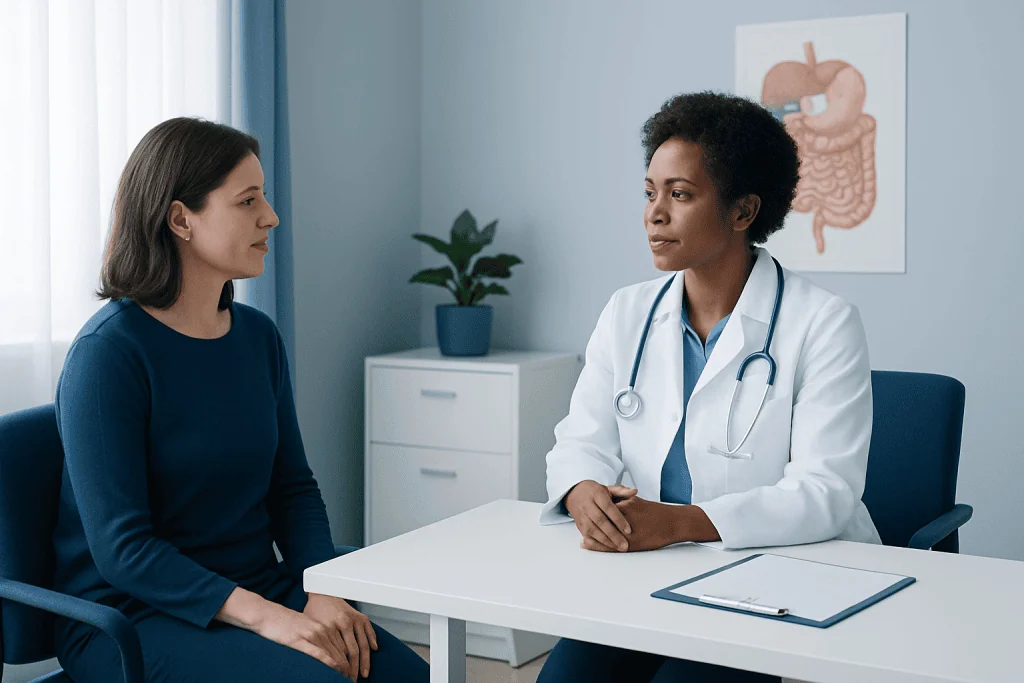 Doctor consulting with patient in a medical office setting.