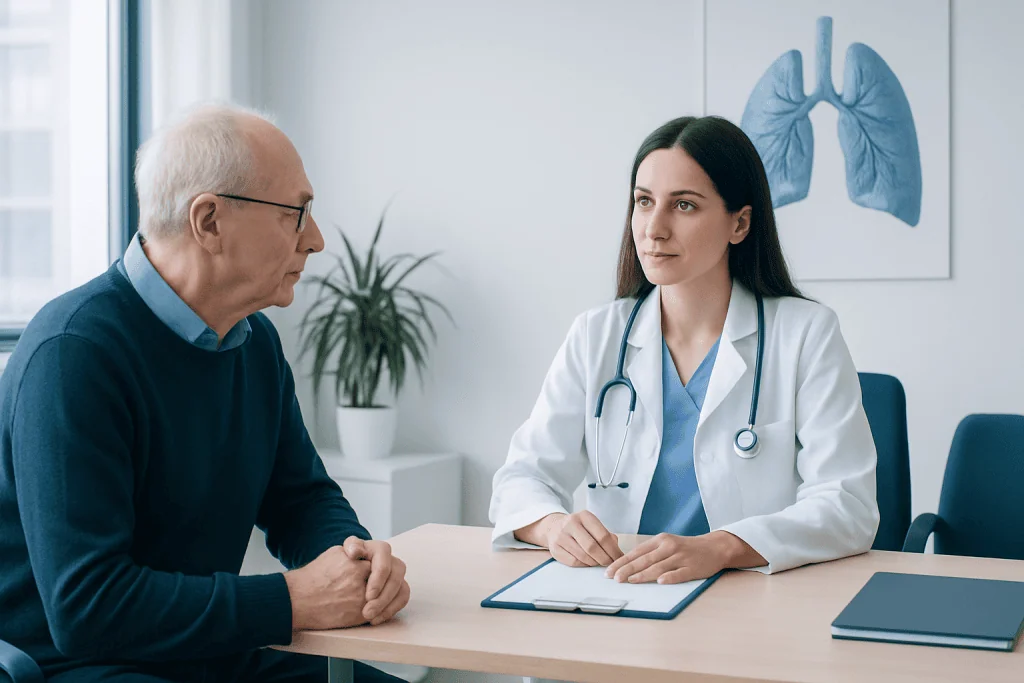 Doctor consulting with an elderly male patient in a medical office.