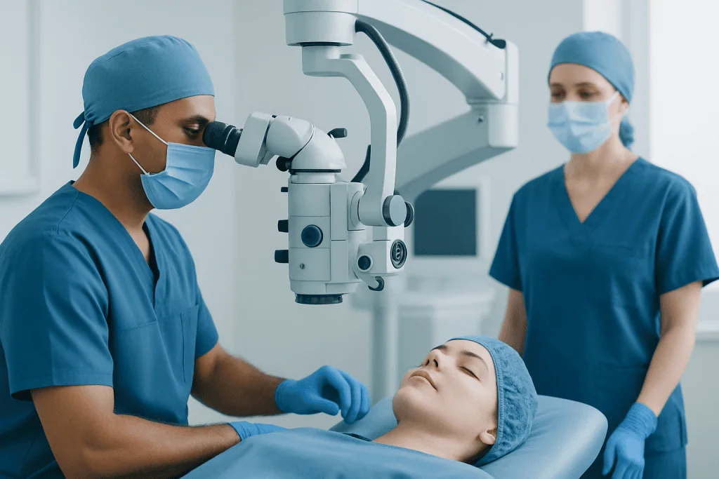 Surgeons performing a facial surgery using a microscope at Acibadem Hospital.