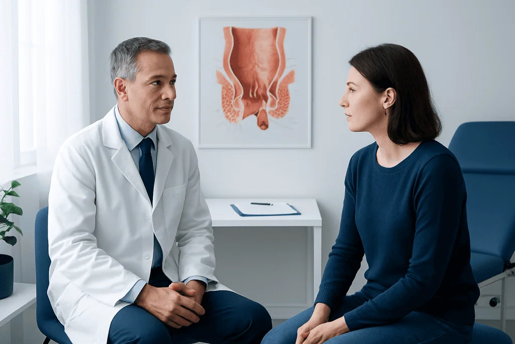 Doctor consulting with a patient about proctology in a medical office.