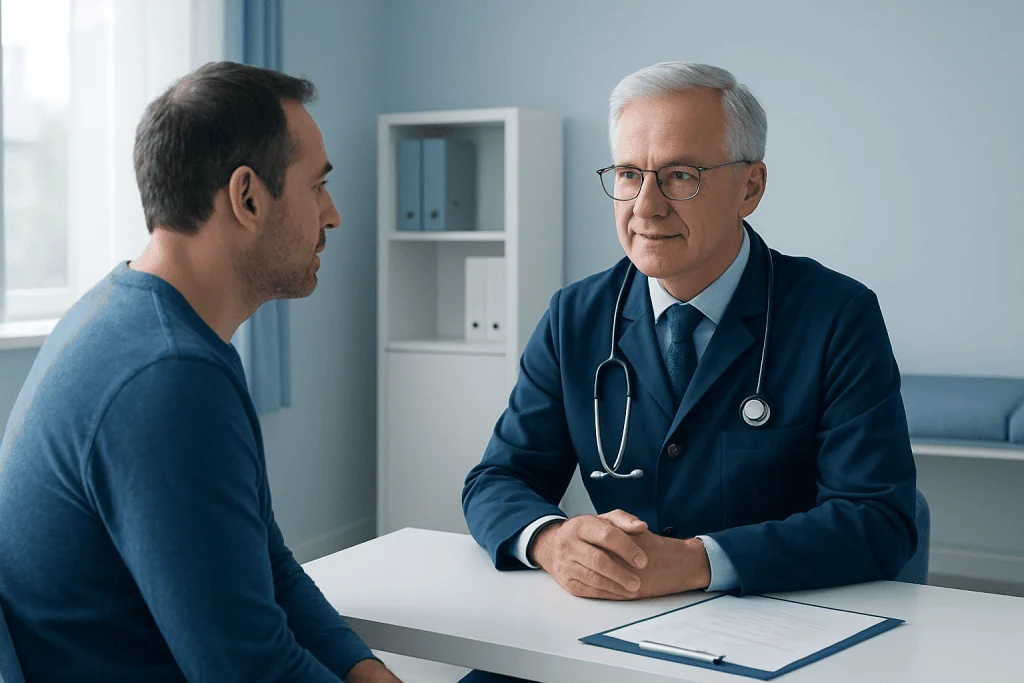 Doctor consulting with a patient in a modern medical office.