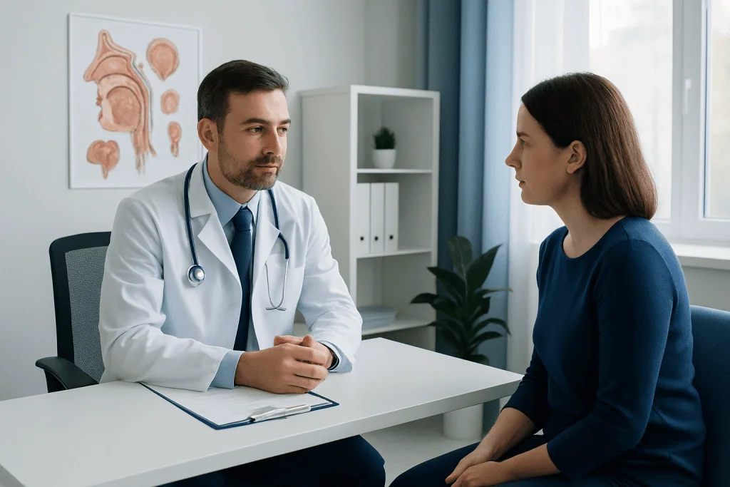 ENT specialist consulting a patient in a medical office.