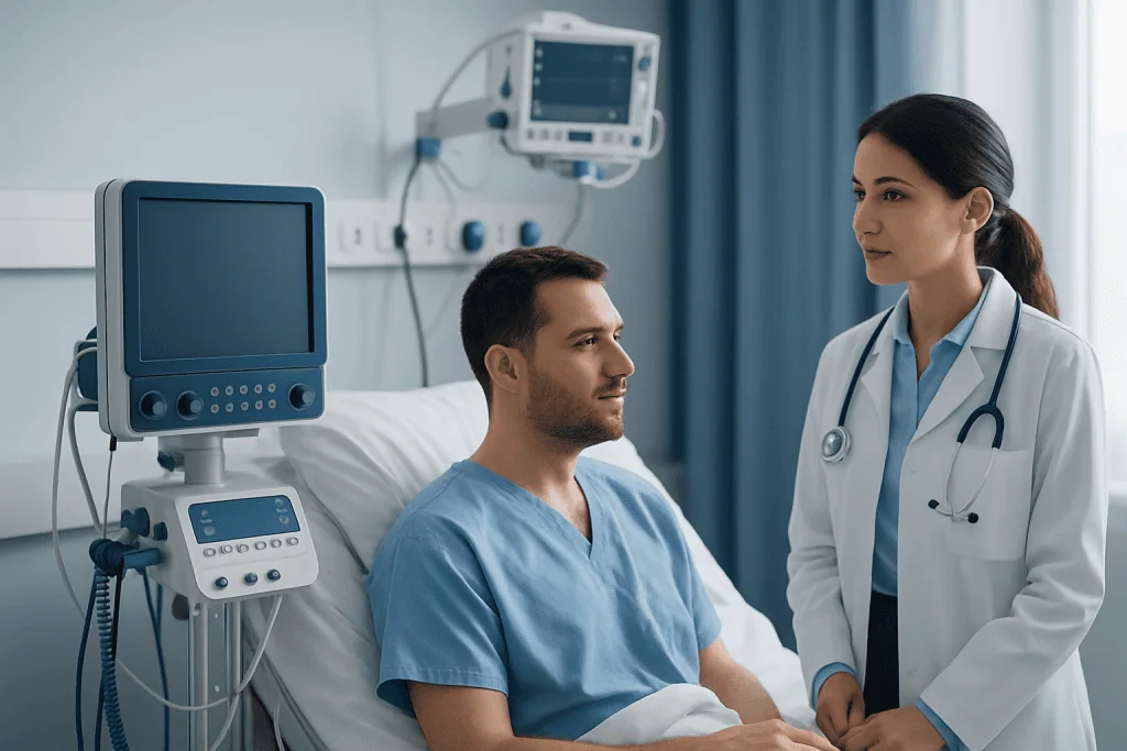 Patient and doctor in hospital room at Acibadem Hospitals Group.