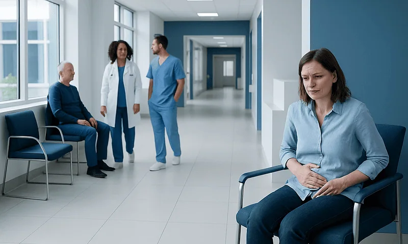 Patient experiencing abdominal pain in hospital corridor with medical staff nearby.