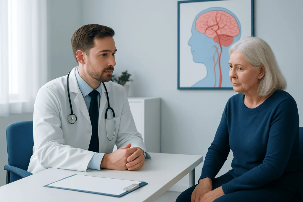 Doctor consulting with an elderly woman about stroke risk factors.